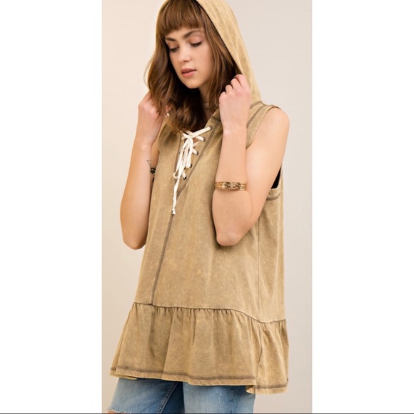 Tops - Acid Wash Sleeveless Hoodie Top